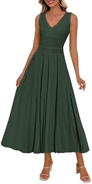 Summer Dresses for Women 2026 Spring Casual Sleeveless V Neck Pleated Midi Work Cocktail Wedding Guest Dress