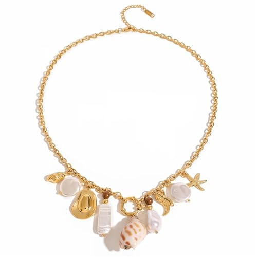 Collier pendentif acier inoxydable perle conque étoile de mer bijoux