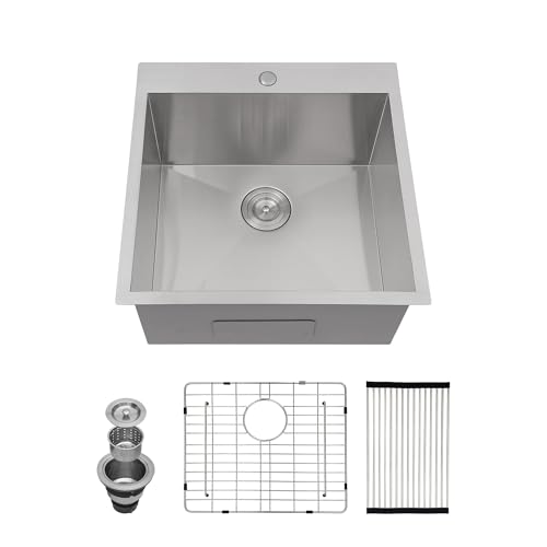Image of Kichae Drop In Laundry Sink - 22x22x12 Drop In 12 Inch Deep Utility Sink T304 Stainless Steel Topmount Handmade Single Bowl with Accessories