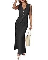 Fakanhui Damen Leinen 2-teiliges Outfit Langer Maxirock Set Weste Anzug Business Casual Urlaub Sommer Sets, Schwarz, Klein