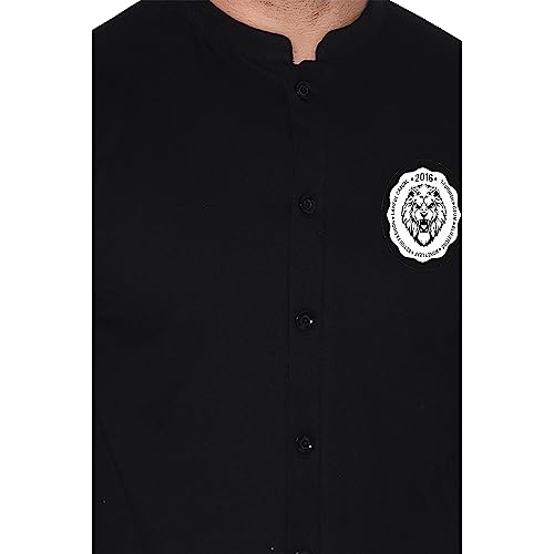Image of Geum Men's Mandarin Collar Shirt with Graphic Print| Short Sleeve Cotton Blend Slim Fit Casual Shirt for Men