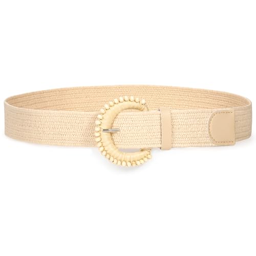 Image of Straw Woven Elastic Belt for Women Stretchy Belts for Dress Fashion Boho Waist Belt Rattan Raffia Ladies Belts