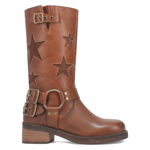 Image of Dingo Womens Blacklist Tooled Inlay Round Toe Pull On Motorcycle Casual Boots Mid Calf Mid Heel 2-3 inch