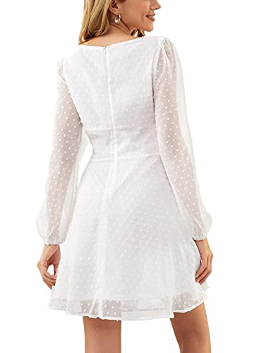 Lyaner Women's Polka Dots Square Neck A Line Long Sleeve Swiss Dots Mini Dress White Small #TOP1
