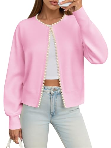 Image of Saodimallsu Womens Fall Open Front Cardigan Sweaters Pearl Long Sleeve Knit Tops Crewneck Dressy Casual Sweater Jacket