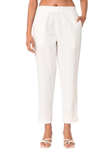 Image of Women's Solid Straight Fit 100% Cotton Trousers | High Waist, Side Pockets, Ankle Length Pants for Office, Casual
