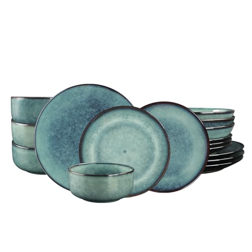 Image of Ceramic cutlery set, 16 pieces, 4-serving, modern style, includes salad plate and cereal bowl, microwave and dishwasher safe, misty green.