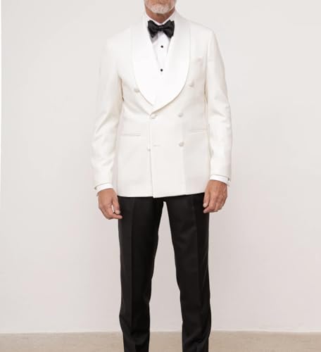 Men's Double Breasted White Blazers Jacket Shawl Lapel White Dinner Jacket Coat, Black3