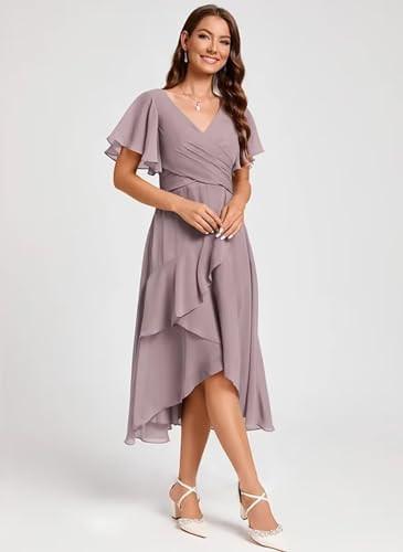 Flutter Sleeve Ruffle Chiffon Bridesmaid Dress Short A-Line V Neck Prom Dress for Women Formal Party Gowns with Pockets MR1043