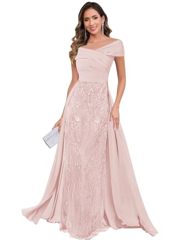 Dansiuey Blush Pink Mother of the Bride Dress Floor Length Sparkly Maxi Formal Wedding Dress for Women Floral Evening Gown Size 12