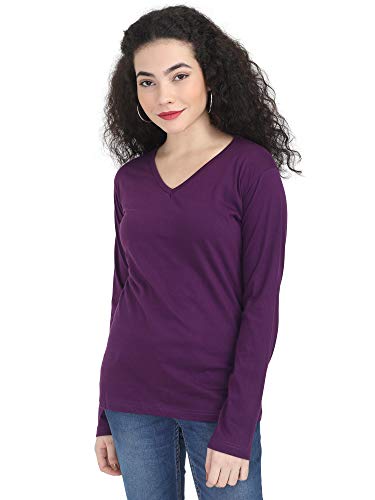 Image of FLEXIMAA Women's Cotton Plain V Neck Full Sleeve T-Shirt