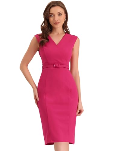 Allegra K Sheath Dress for Women's Wrap V Neck Business Office Belt  Sleeveless Pencil Dresses X-Small Fuchsia at Amazon Women's Clothing store