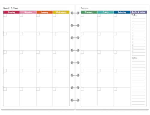 Junior Size Monthly Planner Refills - 53 Sheets/106 Pages Undated Colorful Monthly Planner, 8-Disc Discbound, 100 gsm White Paper, Lasts 2 Year, Undated, 5.8' x 8.3'