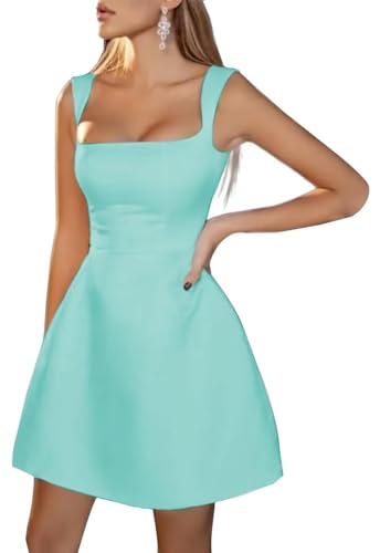 Image of Spaghetti Straps Short Homecoming Dresses Sqaure Neck Satin Mini Cocktail Dress Wedding Party Gowns