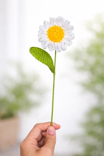 Valerie Handmade Crochet Daisy Rose and Sunflowers Flower Stick, Knitted Artificial Flower with Stem, Decorative Floral for Home Décor, Gifts, Desk & Room Decoration (1, Daisy)