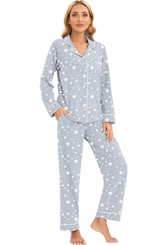 Image of LUBOT 100% Cotton Pajamas for Women Pajama Set 2 Piece PJ Sleepwear Set Soft Ladies Button Knit Long Sleeve Loungewear XS-XXL