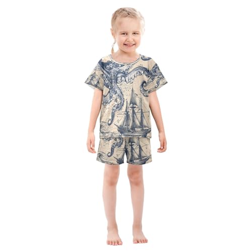 ALAZA Vintage Nautical Octopus Map Watercolor Pajamas Set Short Sleeve Cotton Sleepwear Summer Pjs 2 Piece 5-14Y3