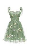 Flower Embroidery Tulle Prom Dresses Short Knee Length Homecoming Dresses for Teens Spaghetti Strap