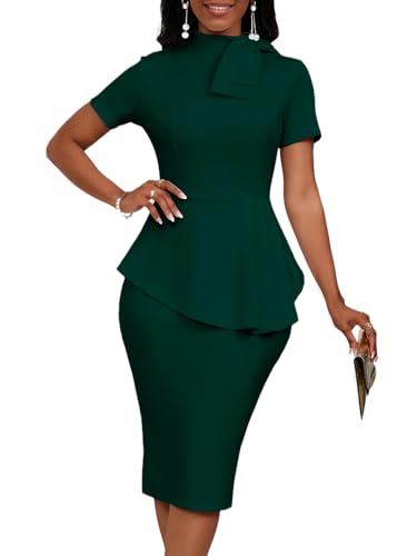 Image of WanMem Women Formal Bodycon Peplum Cocktail Dress Short Sleeve Bow Ruffle Pencil Party Midi Dresses