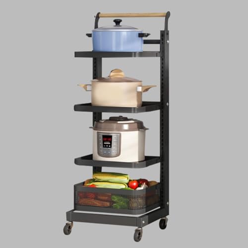 Carrito de almacenamiento rodante con cajones, estante de cocina, cesta de frutas y verduras, cajón de almacenamiento, color negro, 4 tablas y 1 canasta, perfecto para el hogar y la cocina