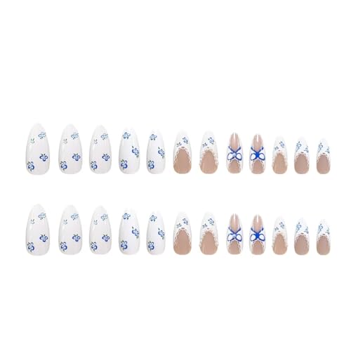 Image of White Press on Nails Medium Almond fake Nails with Bow Design Blueberry Glue on Nails Spring Reusable Artificial Acrylic Full Cover Stick on Nails Pearl French Tip False Nail for Women Manicure 24Pcs