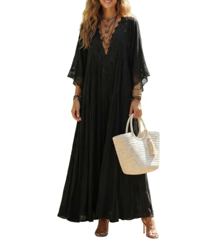 Womens Boho Lace Maxi Dress V Neck Flowy Long Sleeve