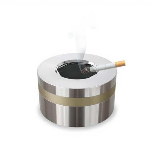 Image of Windproof Stainless Steel Smokeless Ashtray with Lid for Cigarettes Indoor- Rotating Switch Covered Design for Cigar,Home,Office & Outdoor (Silver Glossy Short)