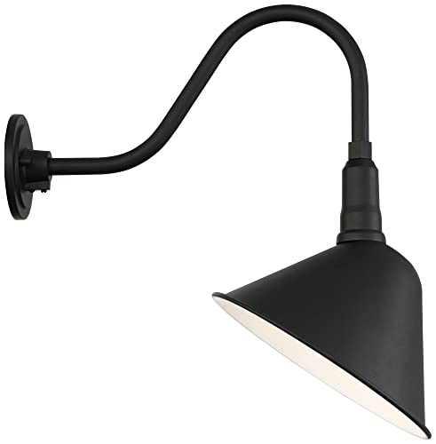 Image of Franklin Iron Works Neihart Industrial Barn Wall Light Sconce Black Hardwired 10 1 /2 inch Fixture Curving Gooseneck Metal Arm for Bedroom Bathroom Vanity Reading Living Room Hallway House Home Decor