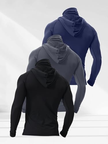 3-Piece Athletic Hooded Shirts Set, Long Sleeve Performance Tops with Built-in Face Cover, Black Navy Gray2