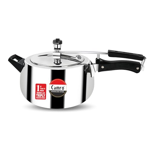 Image of Camro Triply Pressure Cooker 5 litres Stainless Steel | BIS Certified | Kitchen Cookware Pressure Cookers Inner Lid | Globus Rice Cooker Versatile Cooking Utensil | Induction and Gas Stove Friendly