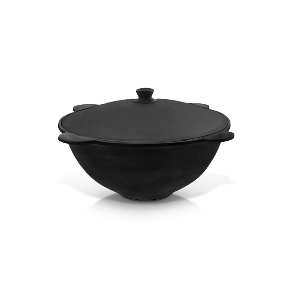 Gusseisen Kazan mit Deckel aus Aluminiumguss, flacher Boden,Usbekischer Topf, WOK, Kasan, Camping Topf, Feuerofen, BBQ Dutch Oven, Gulaschkanone, Schmortopf mit Deckel (6 L)