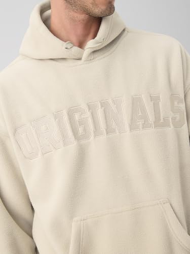 Image of The Souled Store Creme Men and Boys Full Sleeves Hooded Neck Solid Embroidered Polar Fleece Soft Fleece Winter Wear Oversized Pullover Hoodie