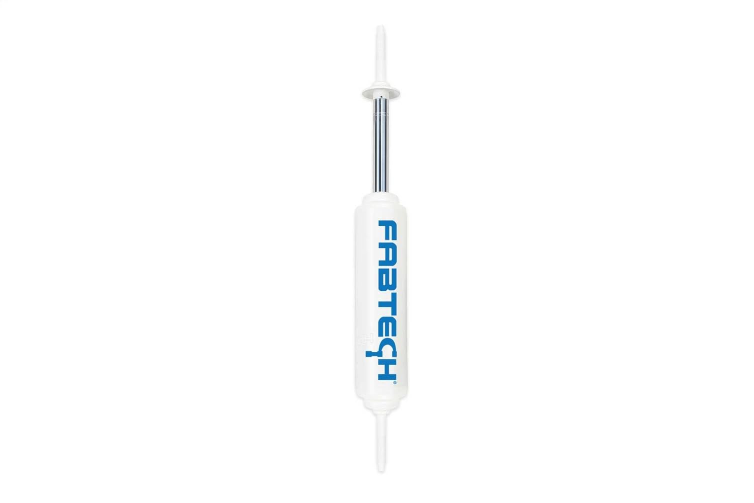 Two Fabtech FTS7002 Steering Stabilizers, white with blue Fabtech logo