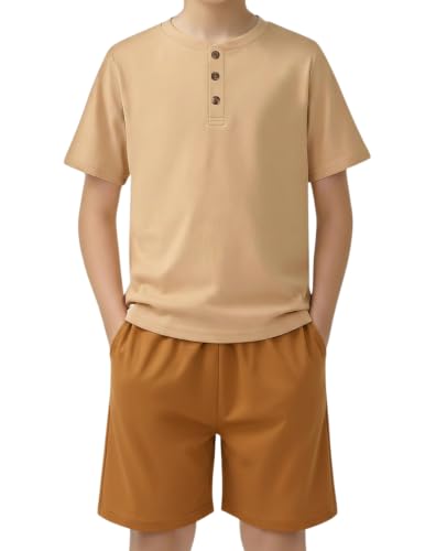 Image of Arshiner Boy's Textured Button Up Shirt and Shorts Set 2 Piece Summer Beach Outfit for 5~12 Years Kids