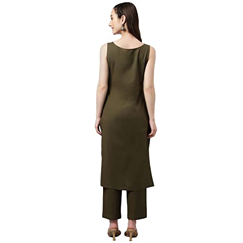 Image of FIORRA Women's Olive Green Rayon Straight Kurta with Pant