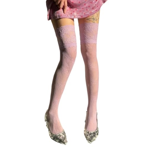 Women Thigh High Boot Stockings With Full Lace Design Flower Patterned Mesh Over Knee Long Socks For Party