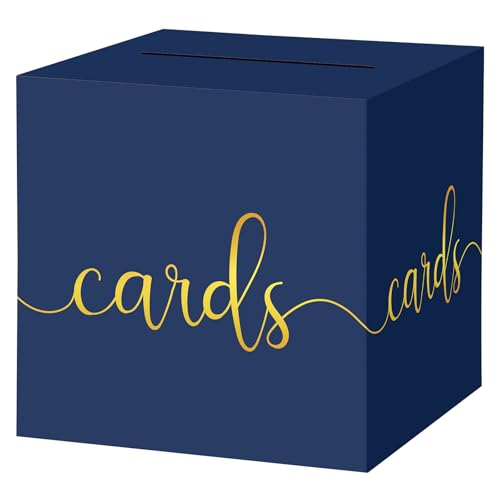 Image of Hooqict Navy Blue Card Box with Slot 9.1 inch Gold Foil Gift Card Box for Party, Graduation, Wedding Reception, Birthday, Retirement, Baby Shower, Raffle Ticket Money Envelope Holder