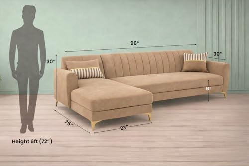 Image of Adorn India Premium Luster 8 Seater L Shape Sofa Set with 2 Puffy & 1 Center Table | Velvet Suede Fabric | 3-Year Warranty | LHS | Camel with Golden Legs & Striped Pattern Cushion