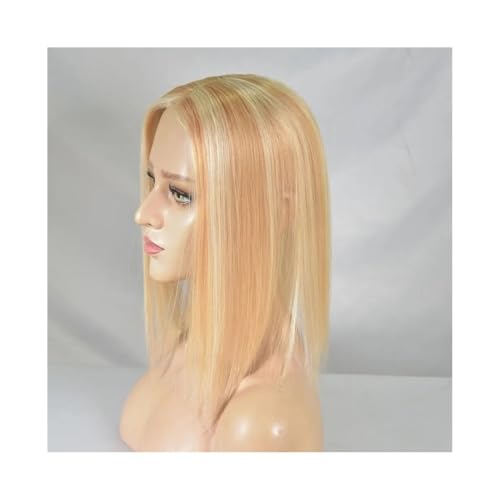 Postizo de cabello de 35 cm for mujer, extensiones de cabello humano con clip, sin flequillo, base de monofilamento de 10 x 15 cm Wiglets(Golden Brown Mix Bleach Blonde)