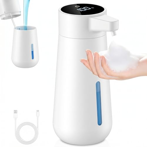 Automatischer Schaumseifenspender, 450ml Großkapazität mit LED Anzeige, berührungsloser Infrarot Sensor, 1800mAh Akku, USB, 4 einstellbare Stufen, Weiß für Badezimmer, Küche und Büro