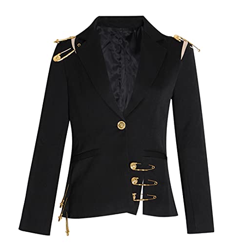 Loose Fit Black Hollow Out Pin Spliced Jacket Blazers New Lapel Long Sleeve Women Coat