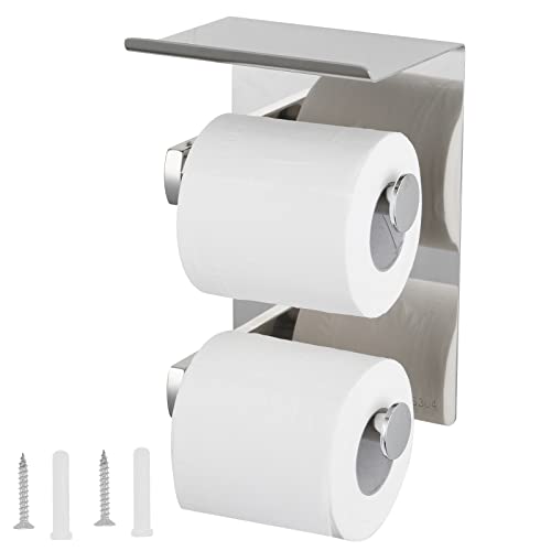 Scdgrw Double Toilet Paper Holder With Shelf, 304 Stainless Steel Toilet Paper Holder Wall Mounted, Bathroom Toilet Paper Holder Storage, Commercial Tissue Holder Double Roll Dispenser(Brushed Nickel) #TOP7