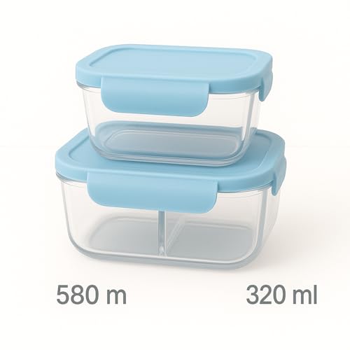 Image of Borosilicate Lunch Box Set of Airtight & Leak-Proof Tiffin Box for Office, School, Men & Women (Light Blue Colour) (Light Blue, 580 ml 320 ml)
