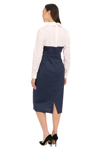 London Times Womens Midi Sheath Dress with Collared Shirt Layer-Form-Fitting Structured Bodice Side Slit Denim Ponte3