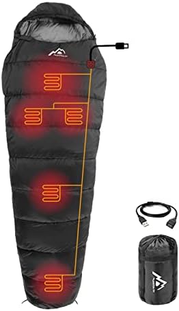 MANTUOLE Heated Sleeping Bag 5 Heating Zones,Operated with Battery Power Bank or Other USB Power Supplies, Portable Compact Bag, Mummy Style-Black.