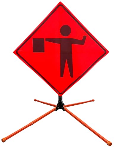 Image of OrangeGear 36 inchx36 inch Flagger Symbol Mesh Sign & Steel Spring Stand | MUTCD TTC compliant orange mesh roll-up sign kit with fiberglass cross ribs and single-spring steel stand.