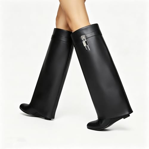 Image of keleimusi Fold Over Wedge Boots Heeled PadLock Pant Knee High Shoes Tall /Short Booties
