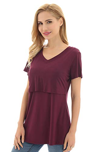 Bearsland Womens 3 Packs V Neck Nursing Tops Maternity Breastfeeding Tee Shirts,Red+Blue+Green,L #TOP3