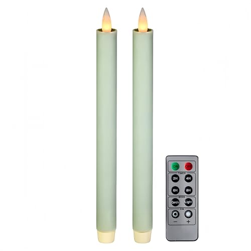 Image of Flameless Taper Candles Flickering with Remote and Timer, 3D Moving Flame Taper Candle Battery Operated to 400 Hours, 9 Inch Window Candles, (Sage Green)