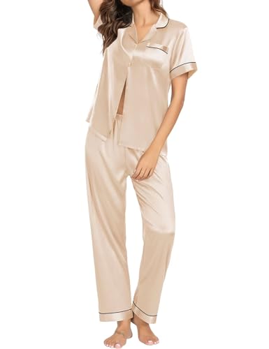 SWOMOG Couple Pajama Sets Silk Satin Sleepwear Short Sleeve and Long Pants Pjs Set Soft Loungewear Classic Pajamas4